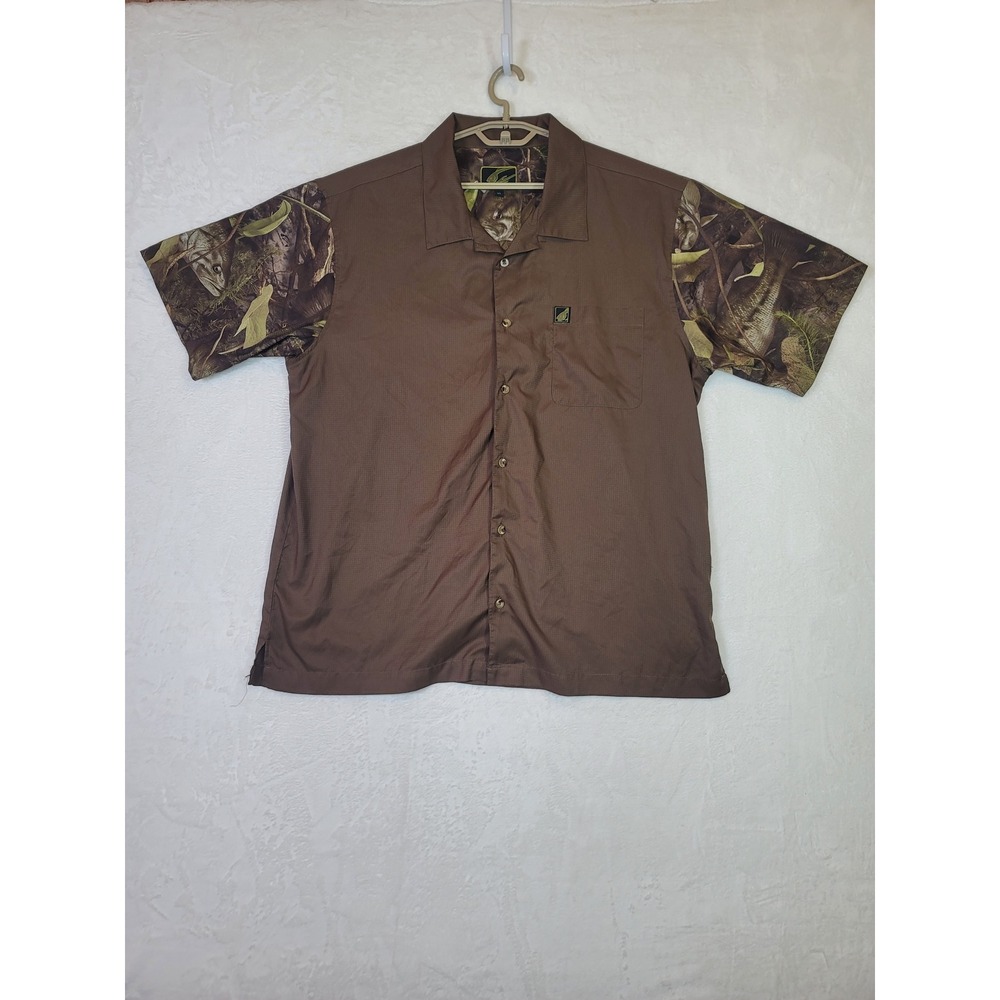 Fishouflage Fisherman Brown Ripstop Shirt Camo Mens XL Button Down Camping Vaca